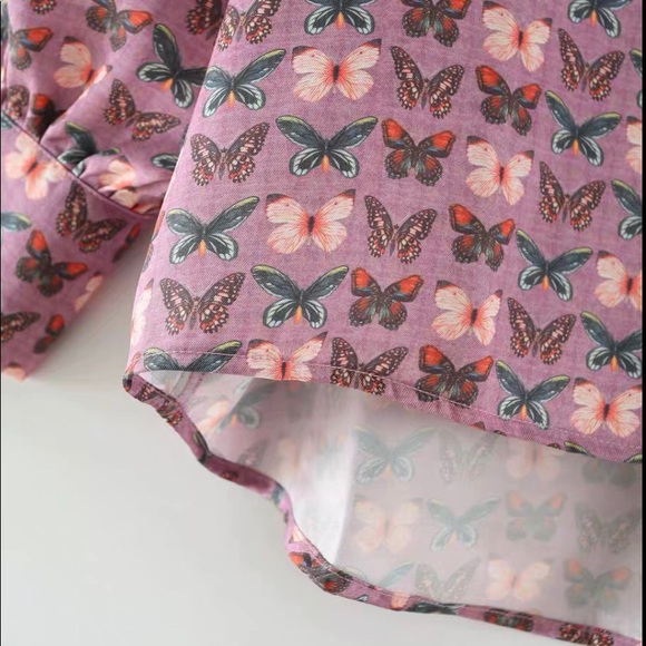 Purple Asymmetrical Butterfly Print Botton Up Blouse - Picture 9 of 9